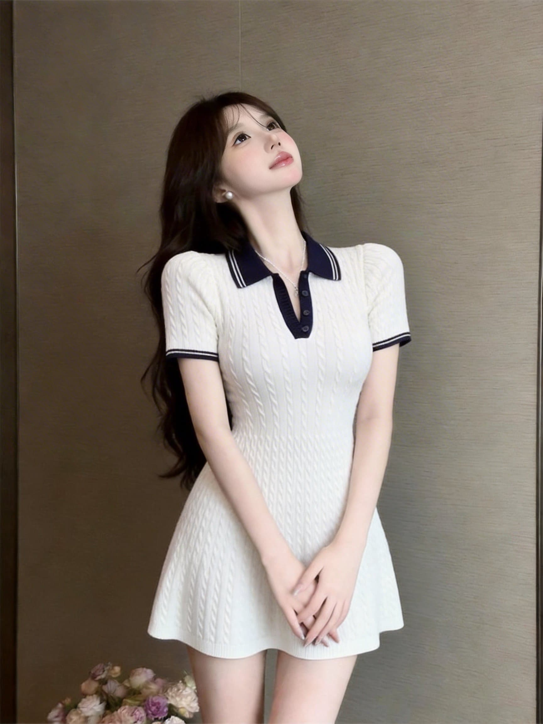 실사 정가 POLO 칼라 달콤함 품격 연령 감소 허리 수축 니트 드레스 상세 이미지 9