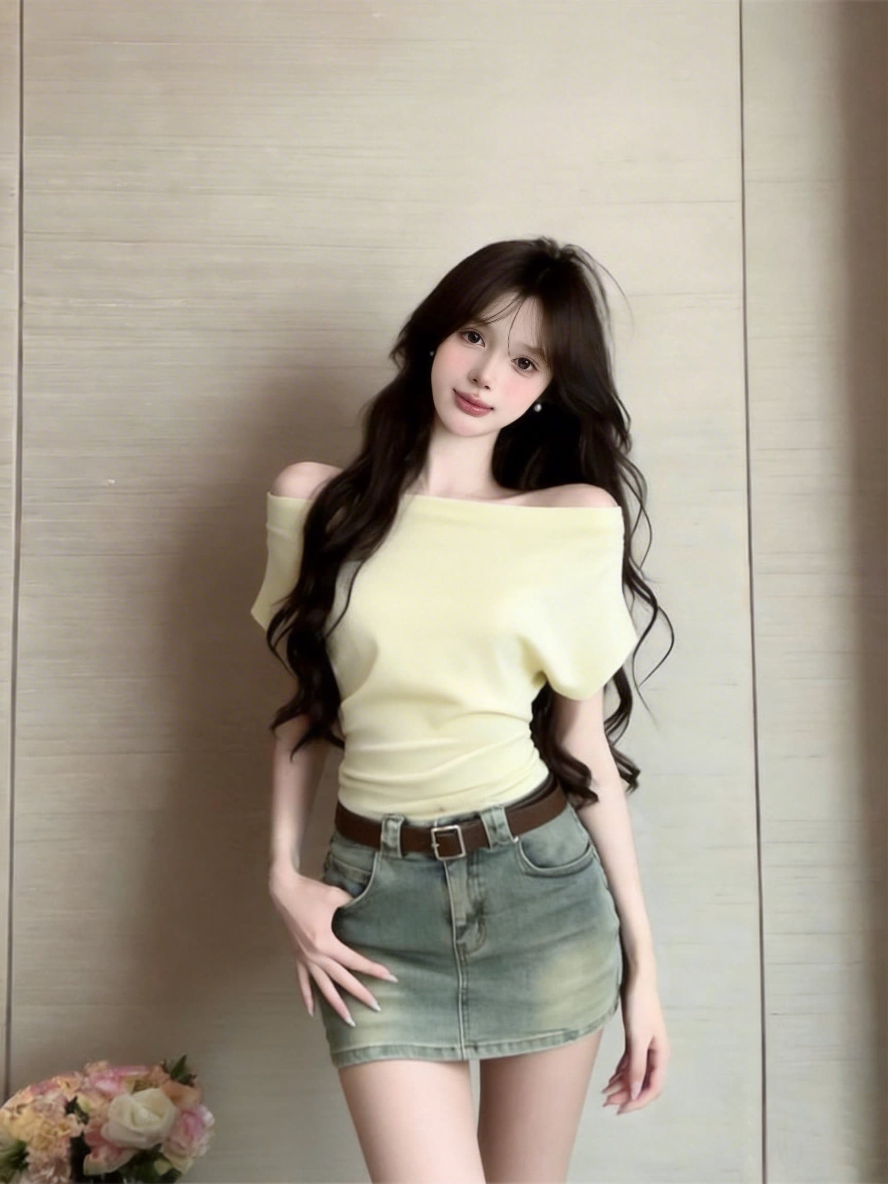 실사 정가 작은 대중 빛 럭셔리 오프숄더 허리 수축 니트 반팔 티셔츠 맨위 상세 이미지 8