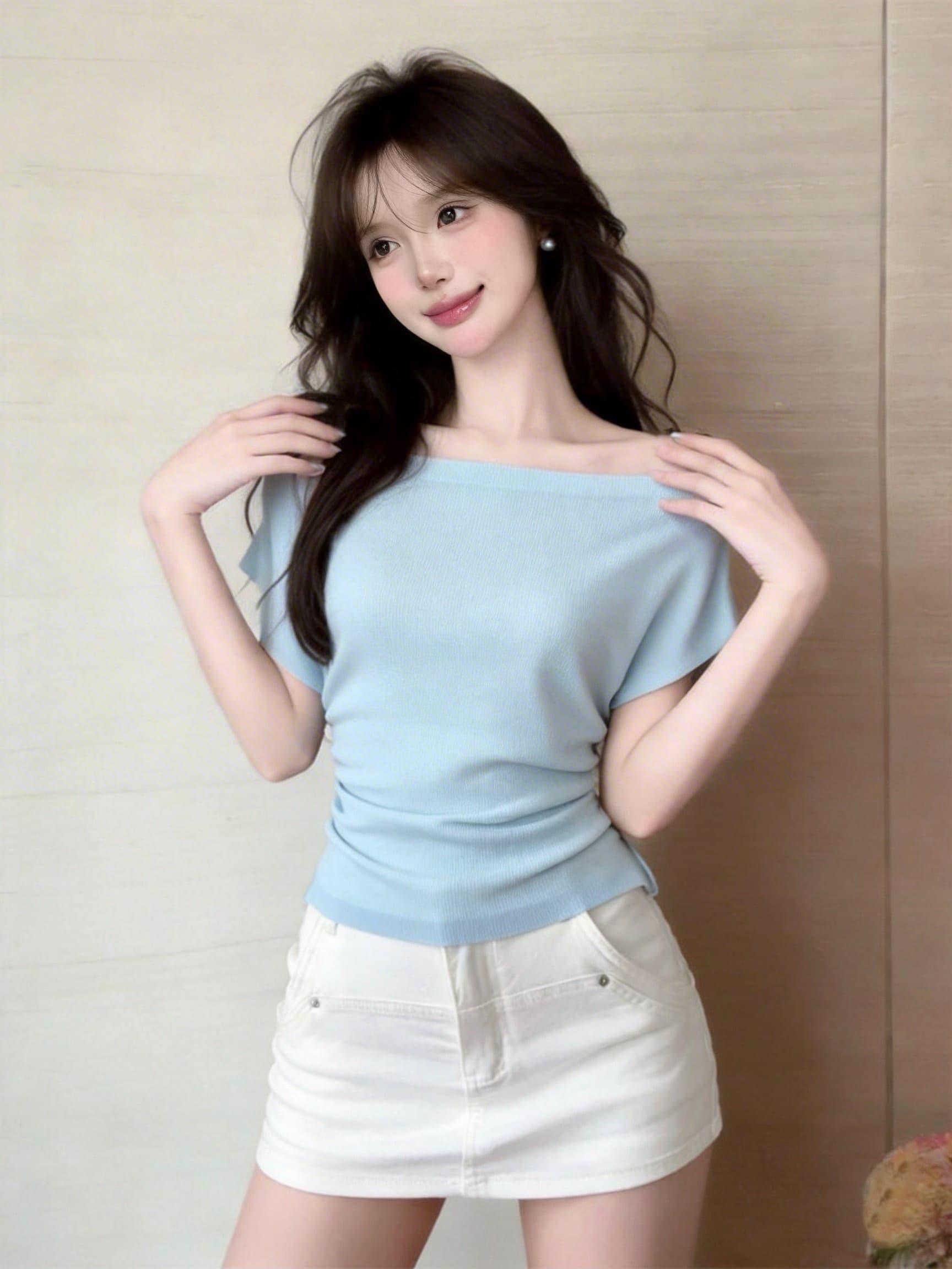 실사 정가 작은 대중 빛 럭셔리 오프숄더 허리 수축 니트 반팔 티셔츠 맨위 상세 이미지 26