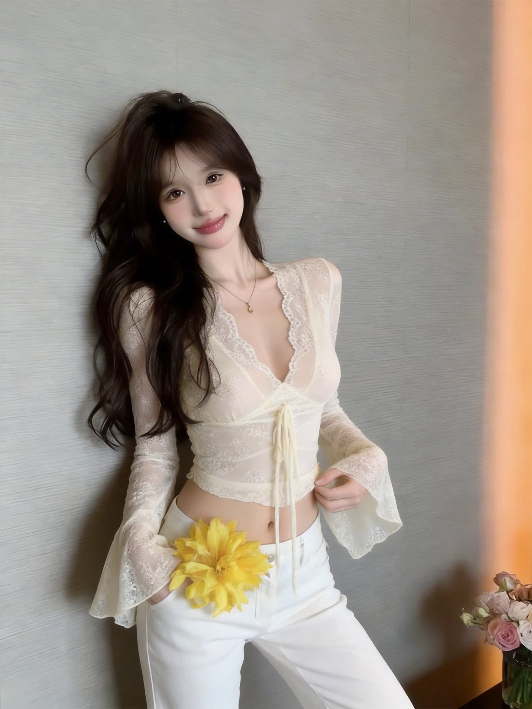 실사 정가 순수한 욕망 V넥 긴팔 레이스 허리 수축 슬림해 보이는 핫걸 쇼트 스타일 맨위 상세 이미지 14