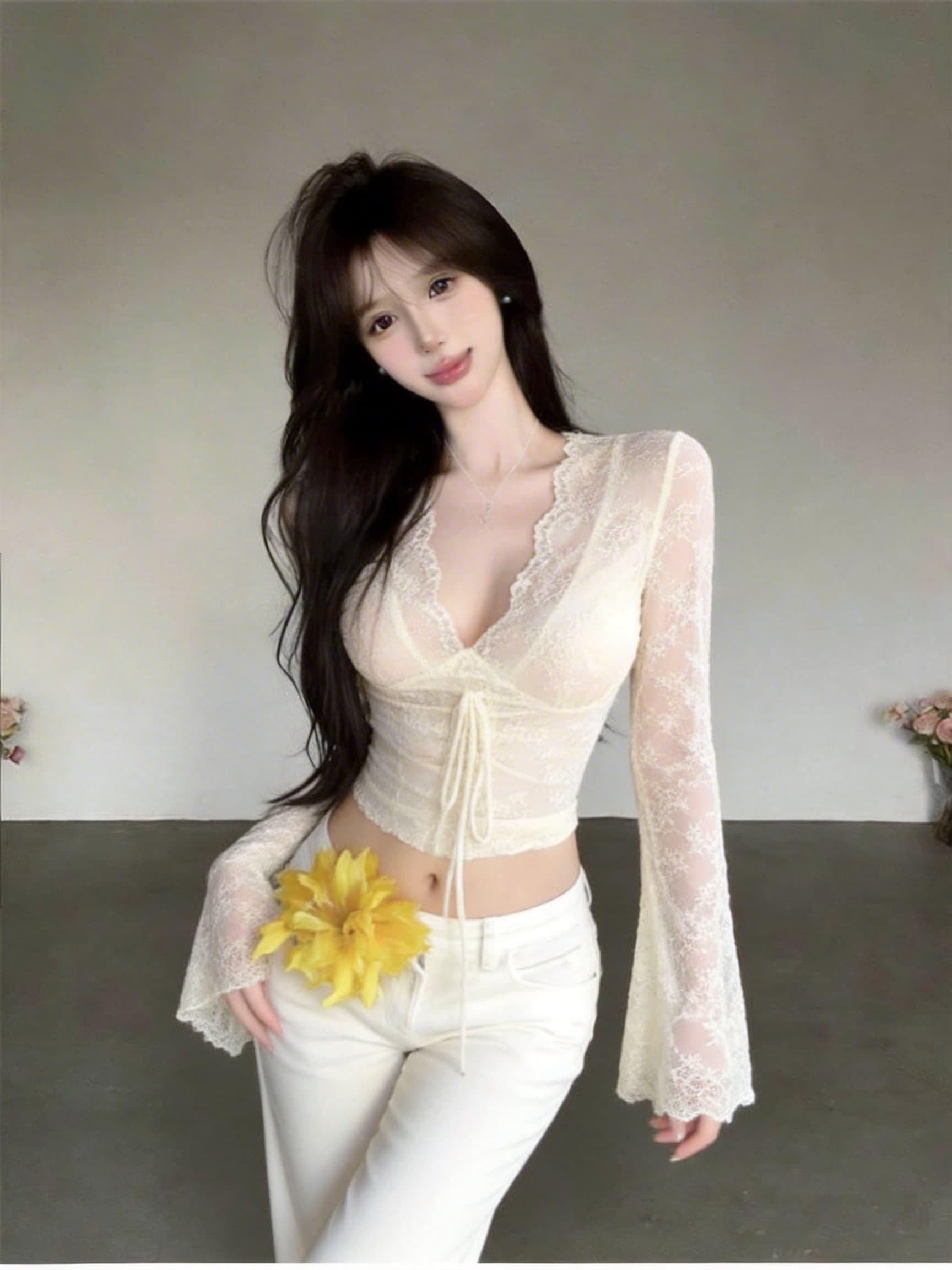실사 정가 순수한 욕망 V넥 긴팔 레이스 허리 수축 슬림해 보이는 핫걸 쇼트 스타일 맨위 상세 이미지 17