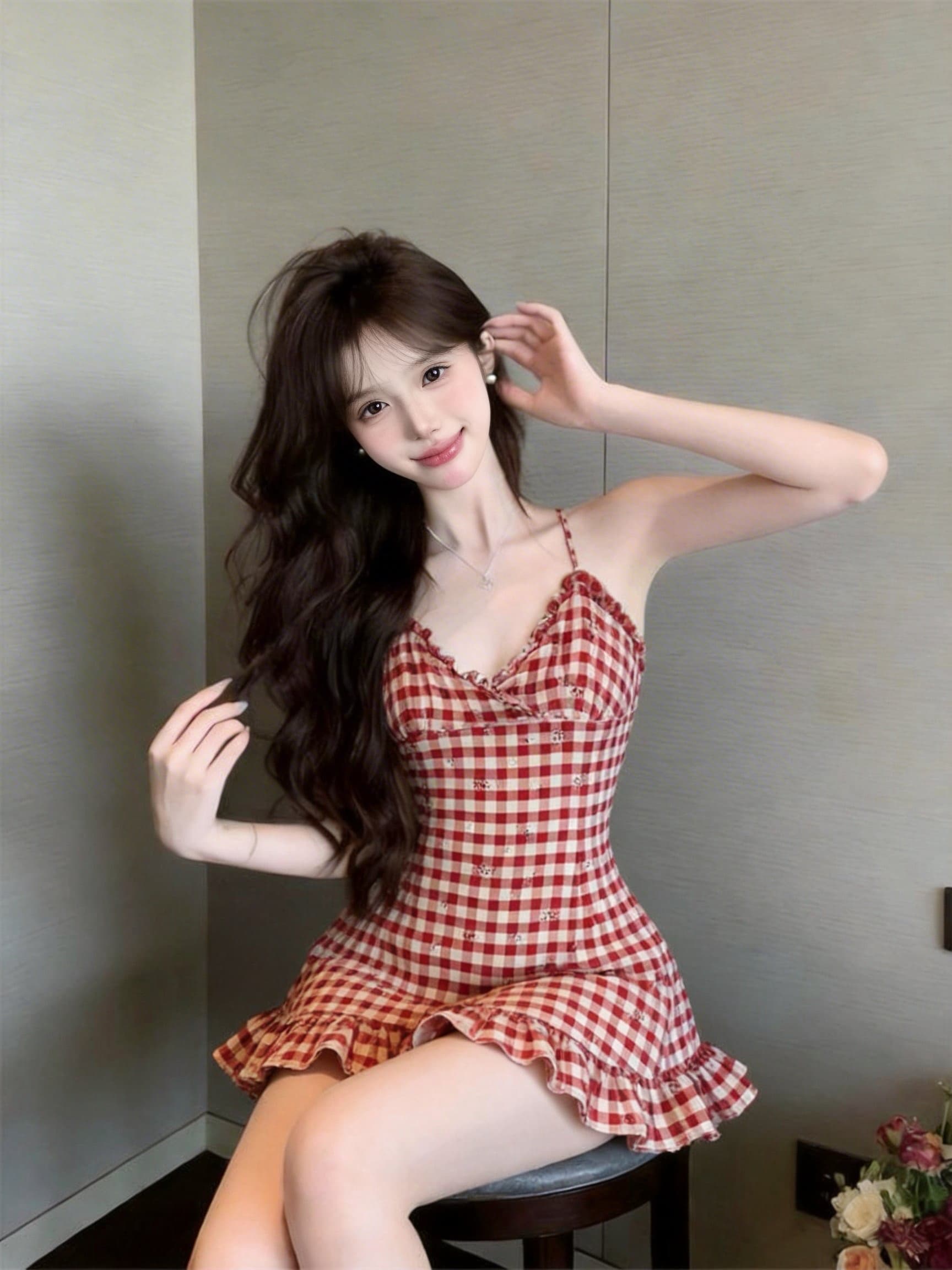 실사 정가 체크무늬 행침 목 캐미솔 섹시한 아름다움 뒤로 허리 수축 맨위 상세 이미지 9