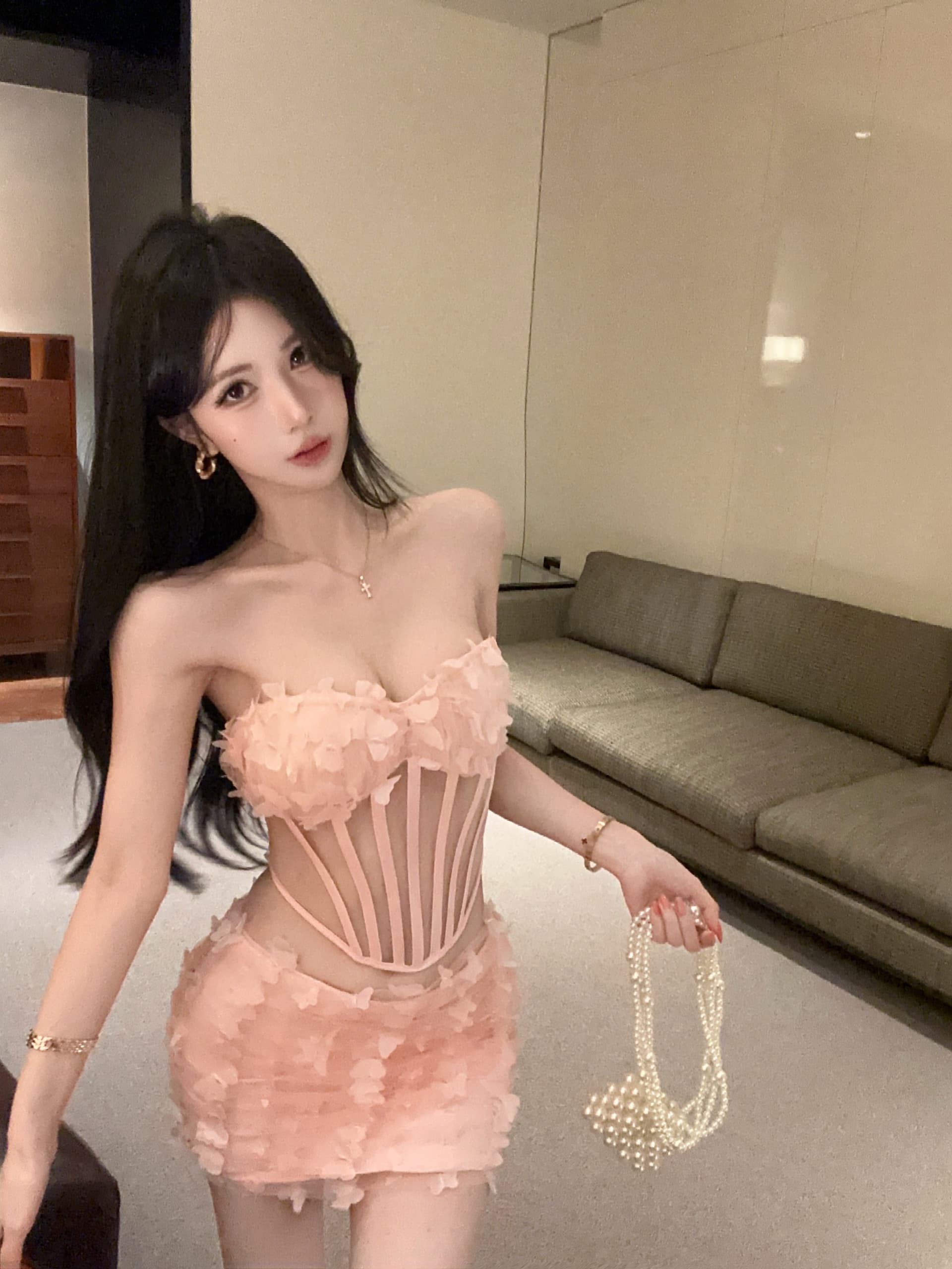 실사 정가 순수한 욕망 바람 핫걸 3 차원 꽃 심장 모양 칼라 시스루 맨위 하이웨이스트 반신 스커트 투피스 세트 상세 이미지 7