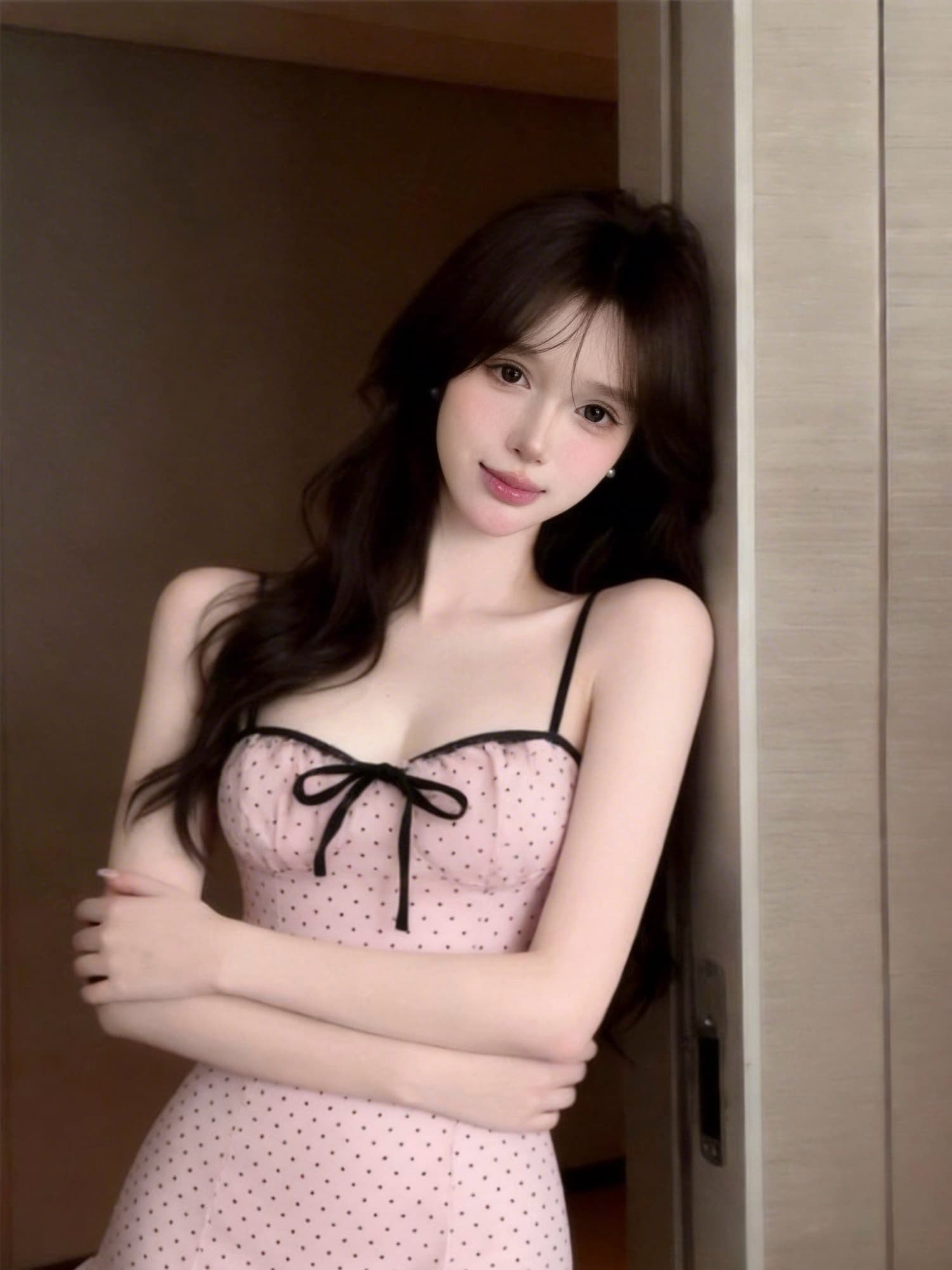 실사 정가 섹시함 도트 무늬 섹시함 레이스 측면 슬립 드레스 상세 이미지 6