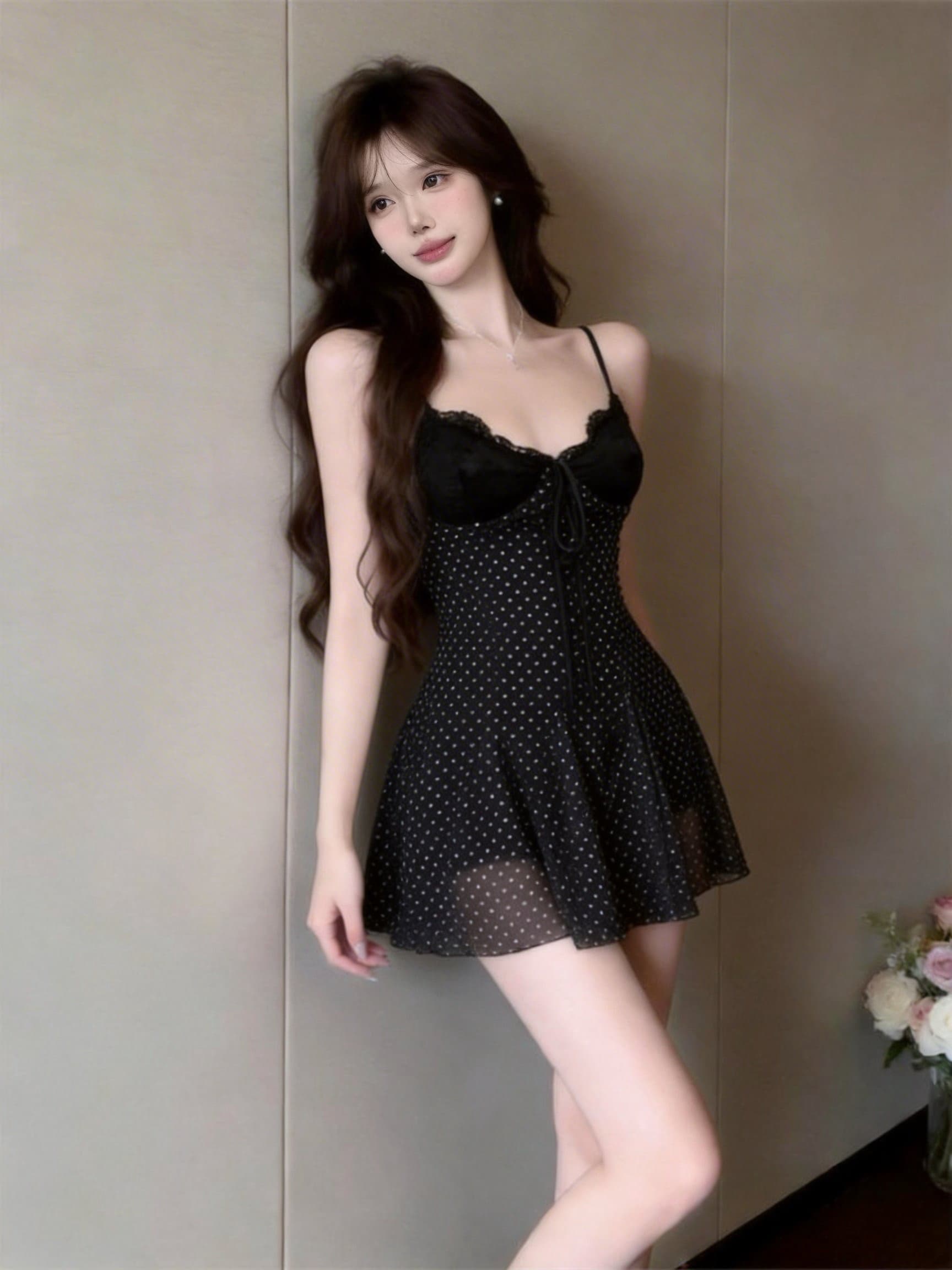 실사 정가 패션 핫걸 품격 레이스 도트 무늬 시스루 레이스업 슬립 드레스 상세 이미지 4
