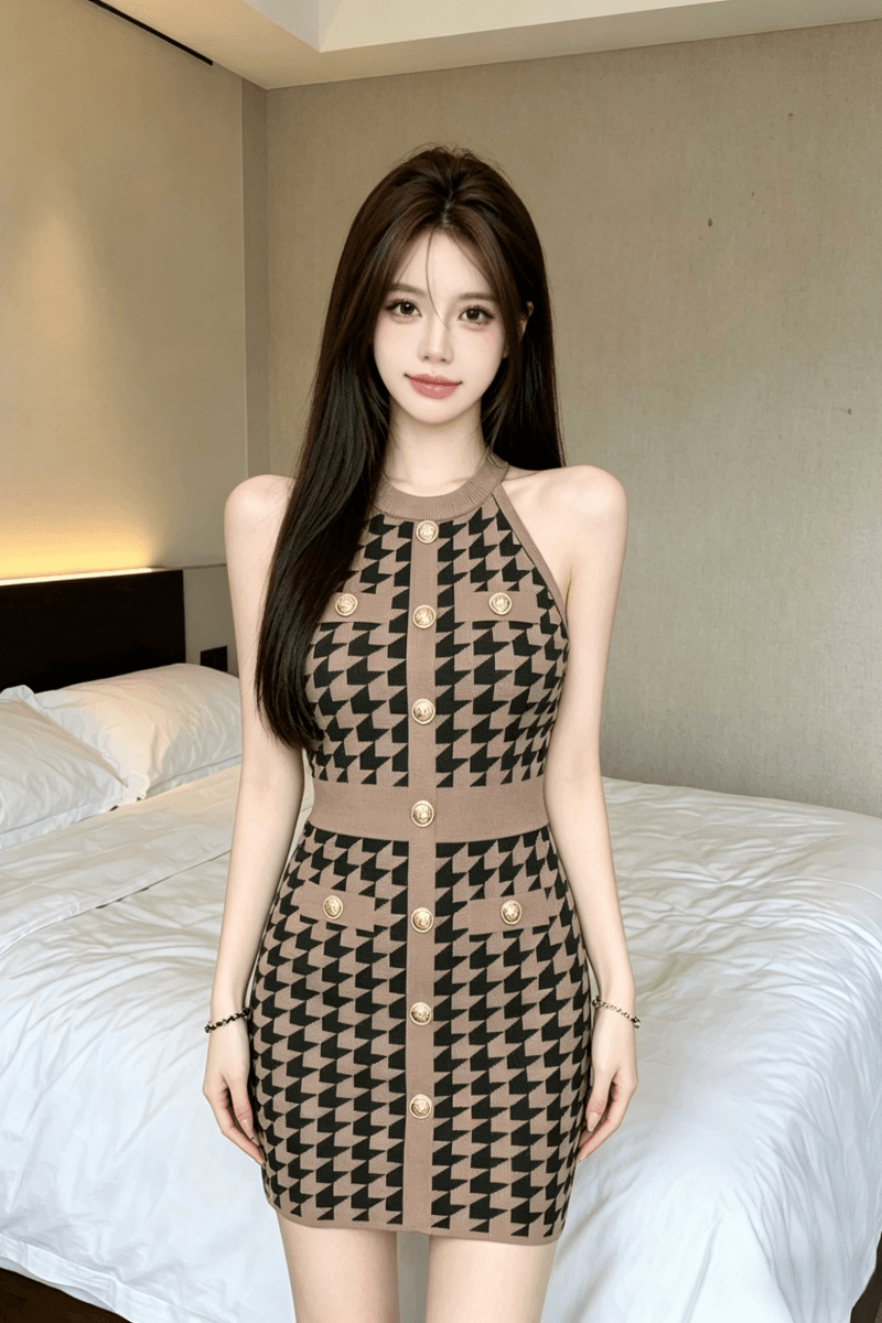 실사 정가 프랑스식 오프숄더 디자인 센스 체크무늬 허리 수축 슬림해 보이는 민소매 드레스 이미지 2