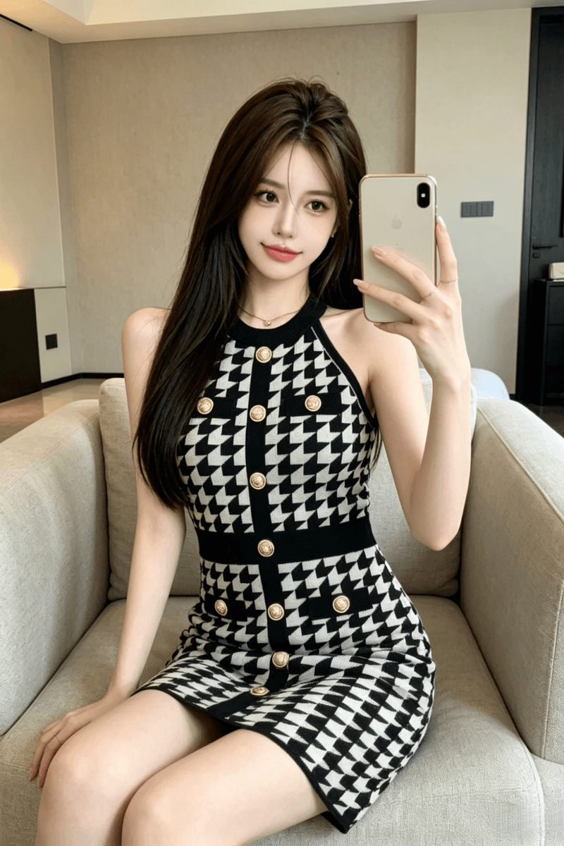 실사 정가 프랑스식 오프숄더 디자인 센스 체크무늬 허리 수축 슬림해 보이는 민소매 드레스 이미지 5