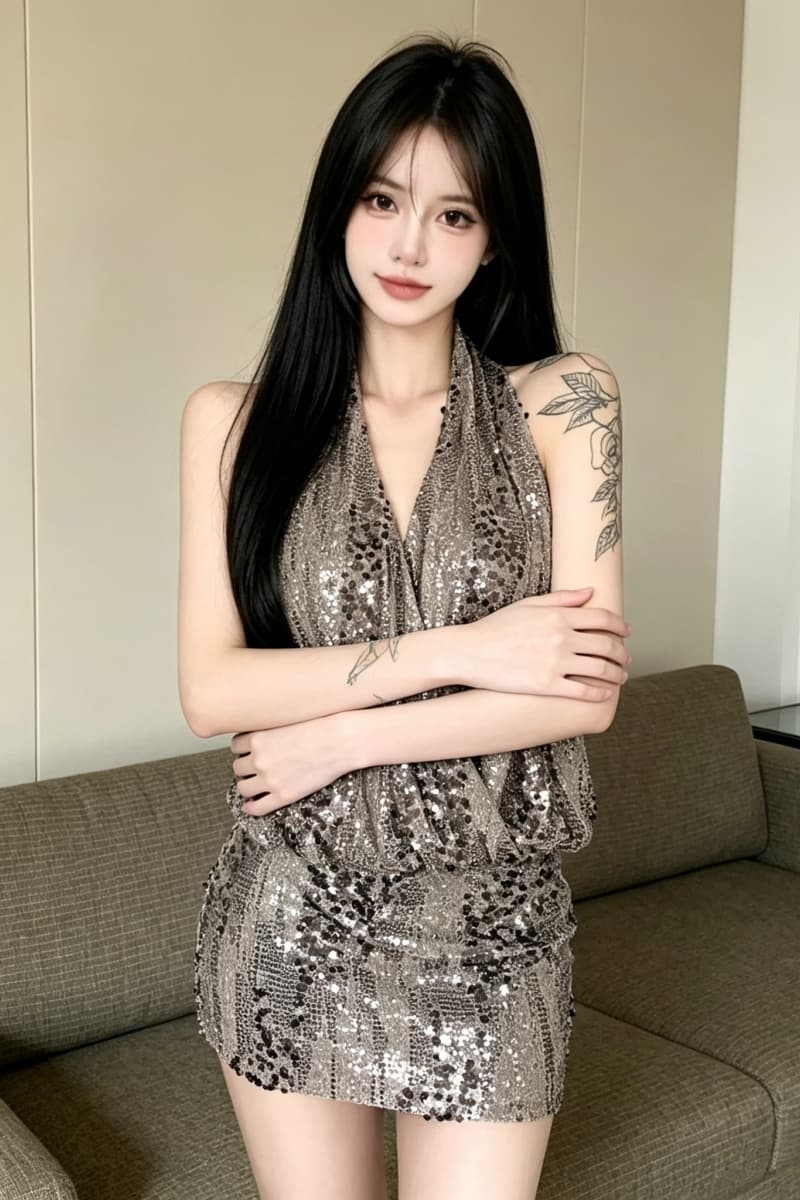 실사 정가 섹시함 핫걸 행침 목 깊은 v 고급 센스 스팽글 백리스 드레스 상세 이미지 1