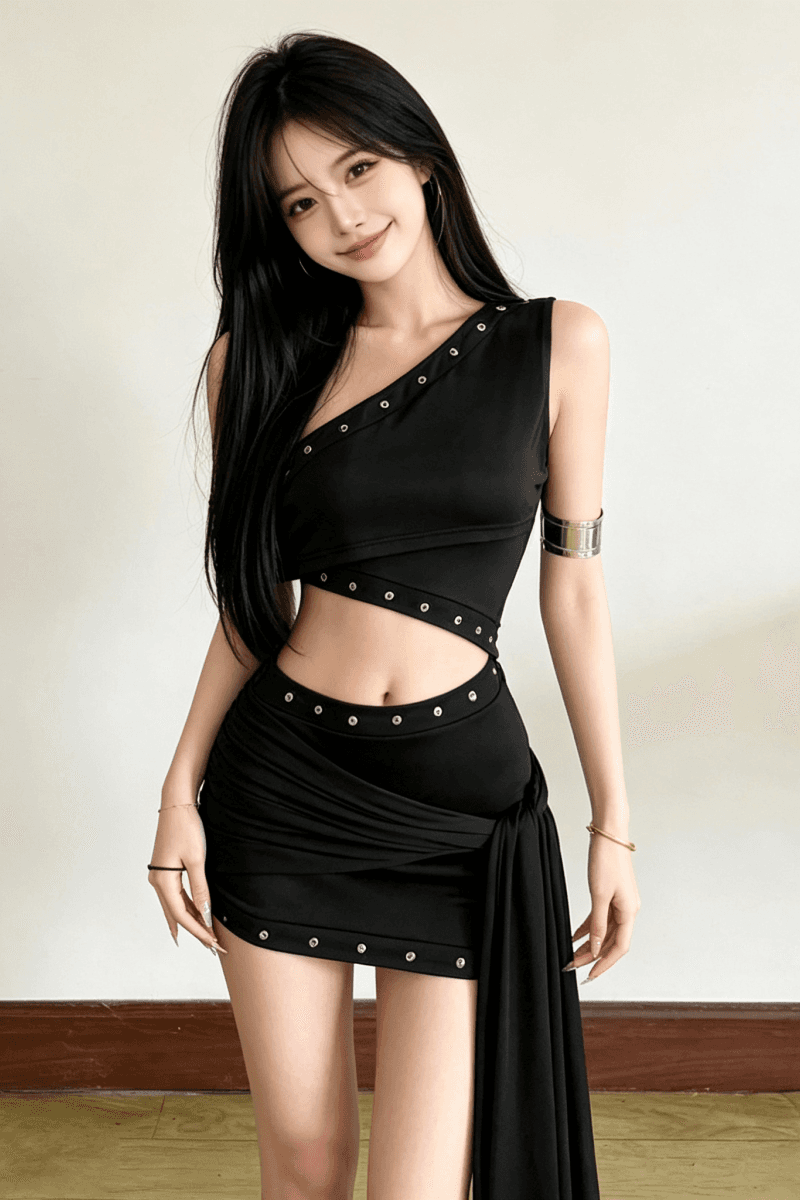 실사 정가 다크 부서 핫걸 불규칙 홀로우 아웃 스트랩 비대칭 드레스 이미지 2