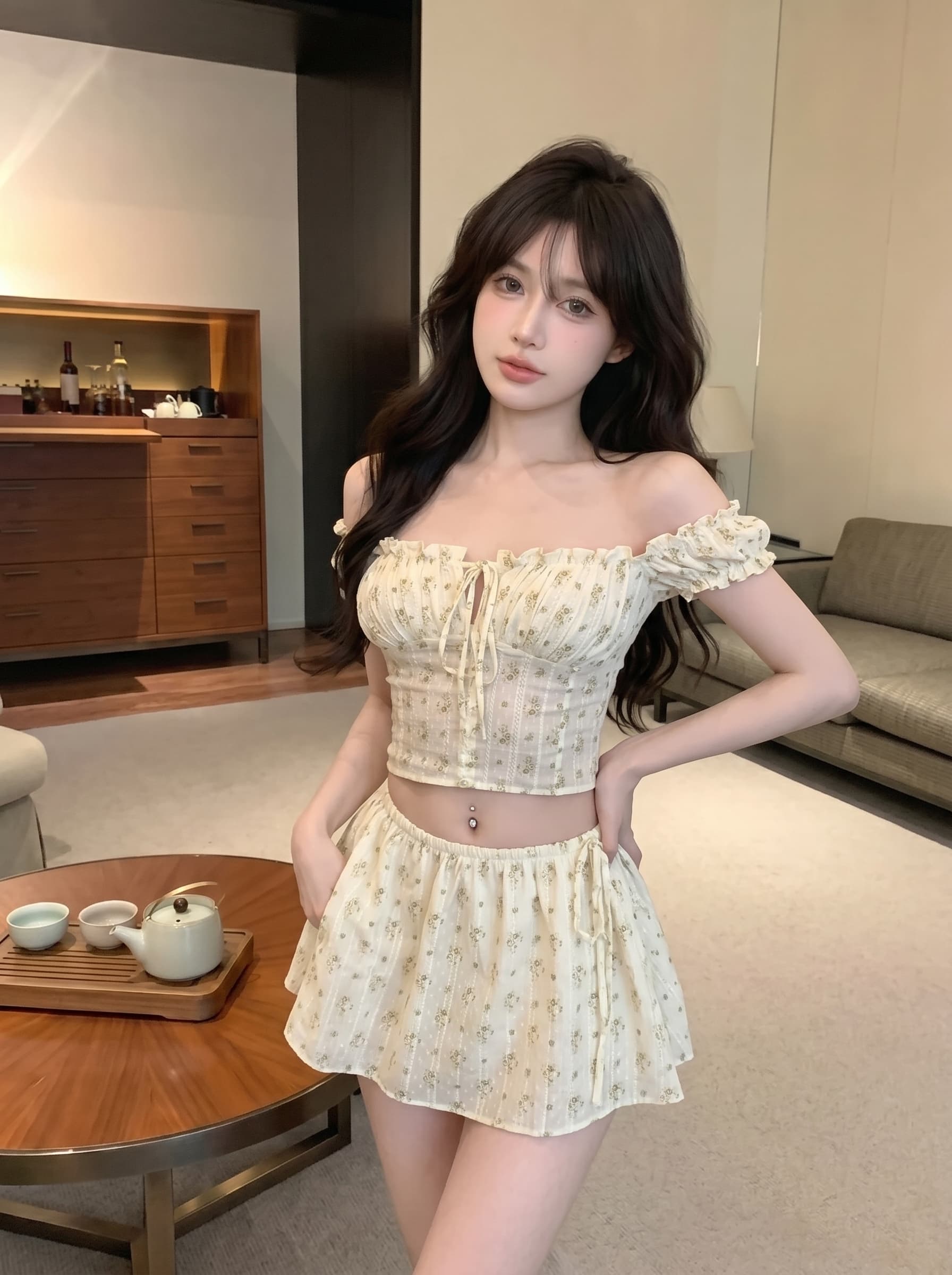 실사 정가 달콤한 핫걸 오프숄더 꽃무늬 투피스 세트 부드러운 쇼트 스타일 맨위 하이웨이스트 반신 치마 세트 상세 이미지 2