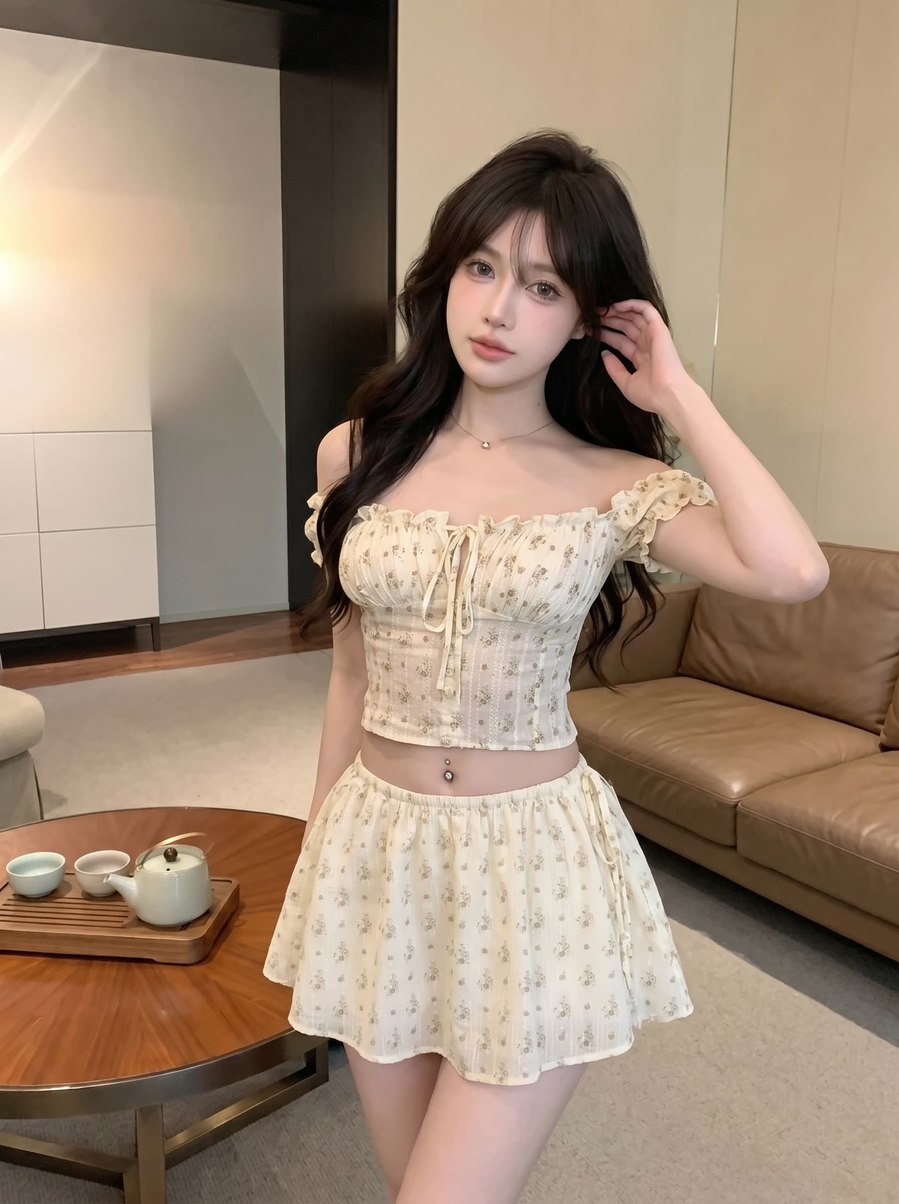 실사 정가 달콤한 핫걸 오프숄더 꽃무늬 투피스 세트 부드러운 쇼트 스타일 맨위 하이웨이스트 반신 치마 세트 상세 이미지 3
