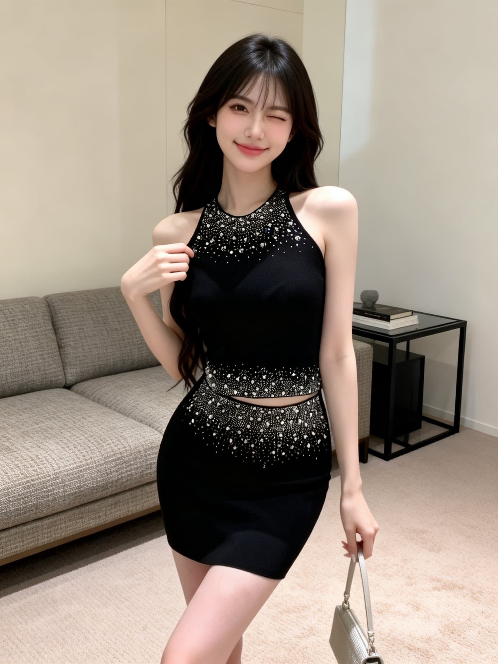 실사 정가 무거운 작업 비즈 박기 라운드 넥 민소매 몸매 가꾸기 니트 조끼 맨위 타이트 스커트 미니 스커트 투피스 세트 상세 이미지 1