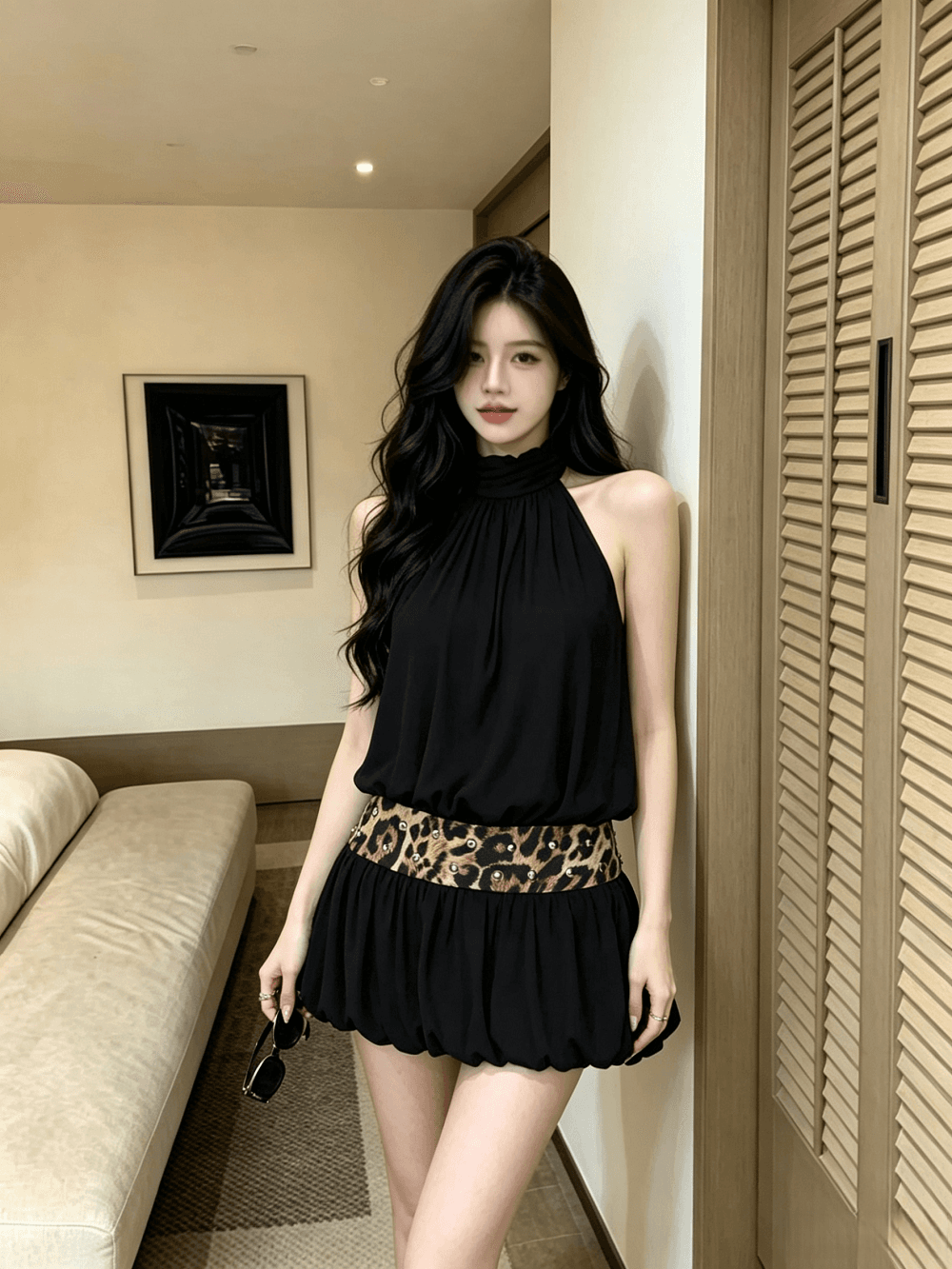 실사 정가 섹시함 핫걸 홀로우 아웃 백리스 패션 콜라주 무늬 버드 나무 못 행침 목 슬림해 보이는 꽃밭 드레스 상세 이미지 4