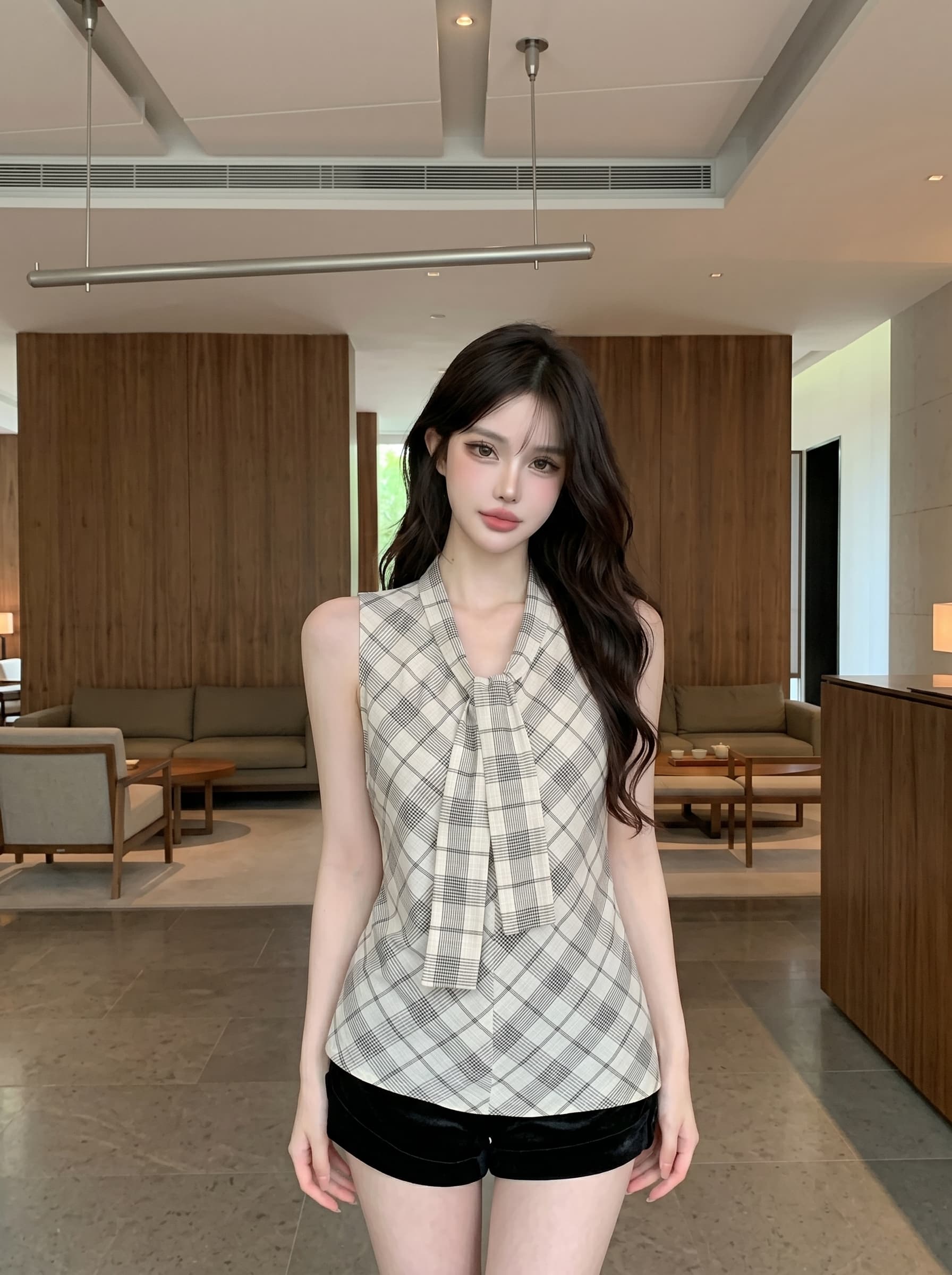실사 정가 레트로 빨간색 체크무늬 V넥 스트랩 민소매 캐미솔 캐주얼 맨위 이미지 4
