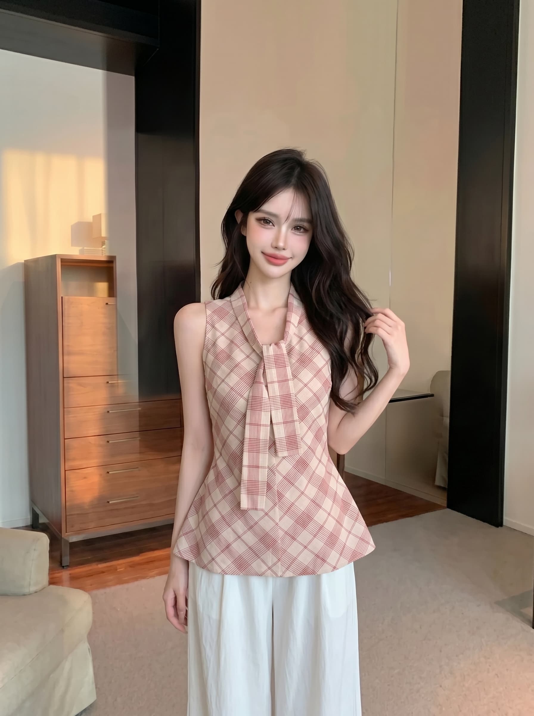 실사 정가 레트로 빨간색 체크무늬 V넥 스트랩 민소매 캐미솔 캐주얼 맨위 상세 이미지 12