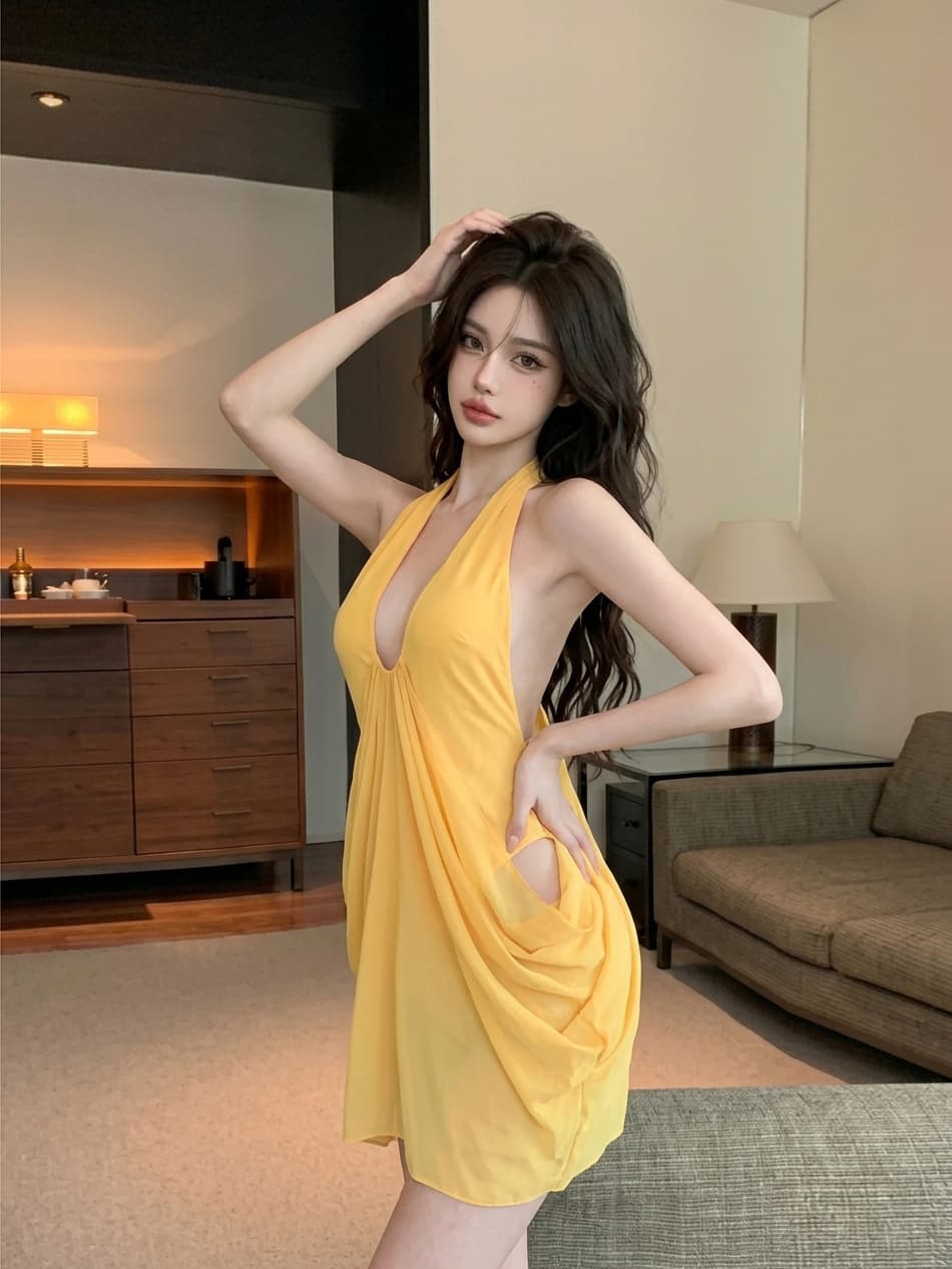 실사 정가 디자인 센스 핫걸 V넥 행침 목 이슬 허리 드레스 이미지 4
