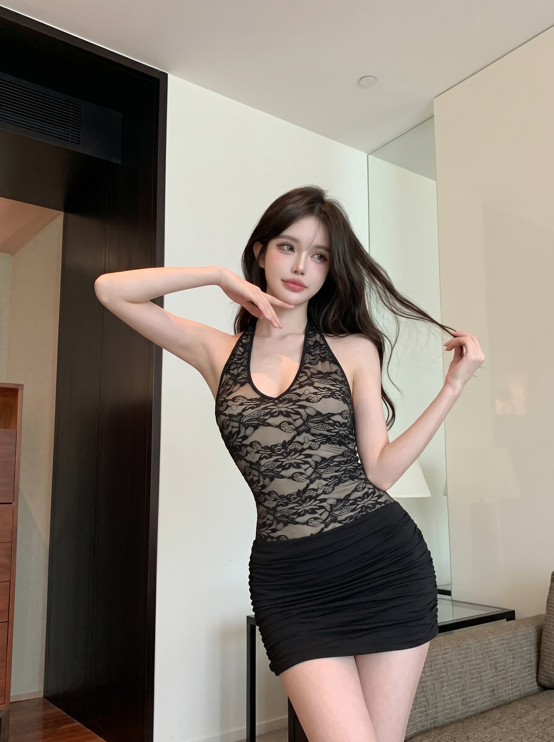 실사 정가 레이스 시스루 행침 목 레이스업 타이트 스커트 핫걸 드레스 상세 이미지 5