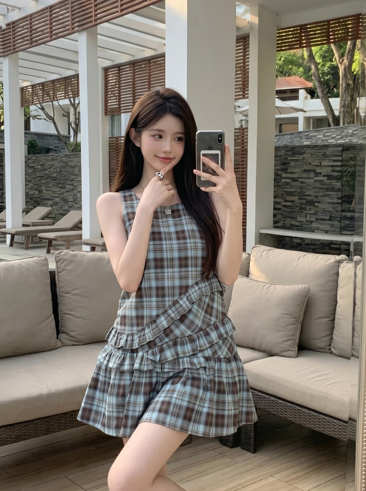 실사 정가 레트로 체크무늬 민소매 드레스 품격 루즈핏 디자인 센스 체크무늬 조끼 원피스 치마 상세 이미지 10