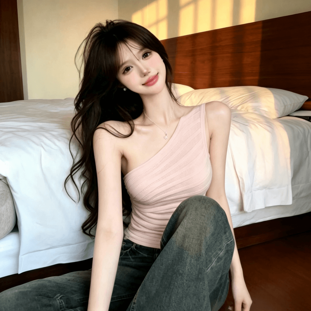 실사 정가 순수한 욕망 바람 비스듬한 어깨 니트 조끼 프랑스식 핫걸 주름 스트라이프 맨위