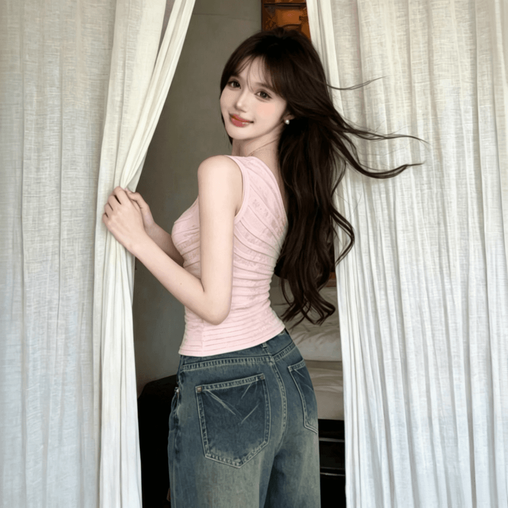 실사 정가 순수한 욕망 바람 비스듬한 어깨 니트 조끼 프랑스식 핫걸 주름 스트라이프 맨위 상세 이미지 3