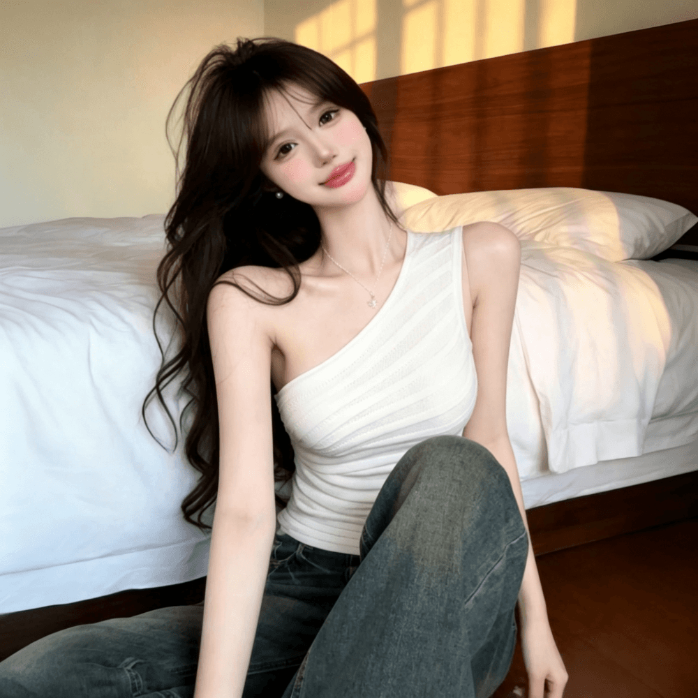 실사 정가 순수한 욕망 바람 비스듬한 어깨 니트 조끼 프랑스식 핫걸 주름 스트라이프 맨위 상세 이미지 12