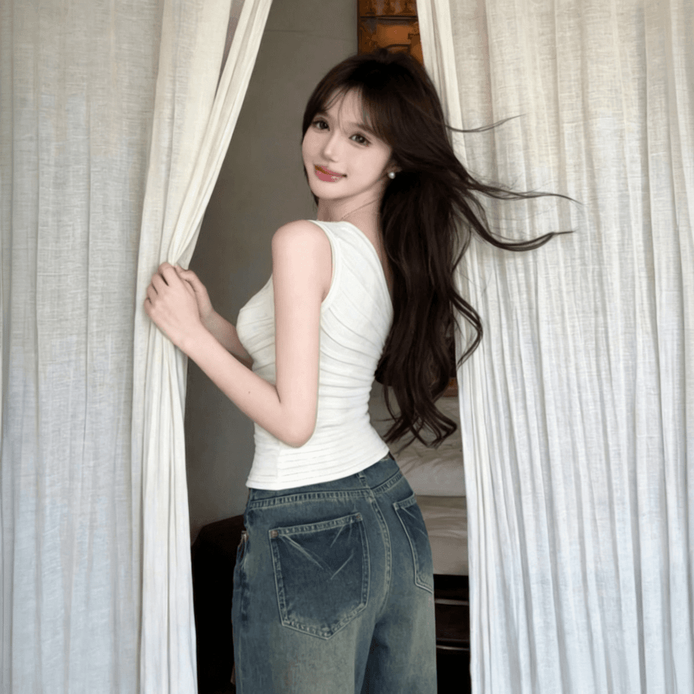 실사 정가 순수한 욕망 바람 비스듬한 어깨 니트 조끼 프랑스식 핫걸 주름 스트라이프 맨위 상세 이미지 13
