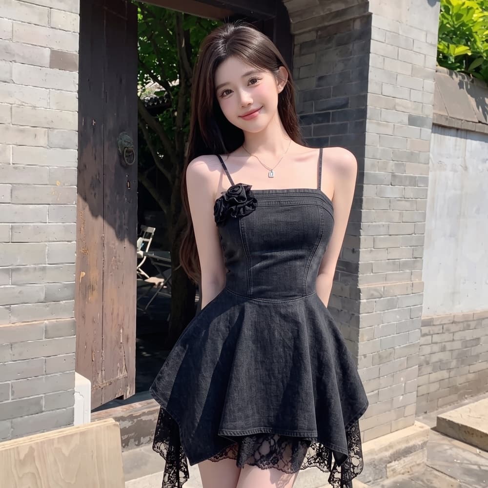 실사 정가 순수한 욕망 마 오래된 데님 슬립 드레스 불규칙 레이스 조각 허리 수축 슬림해 보이는 한 마디 미니 스커트 상세 이미지 9
