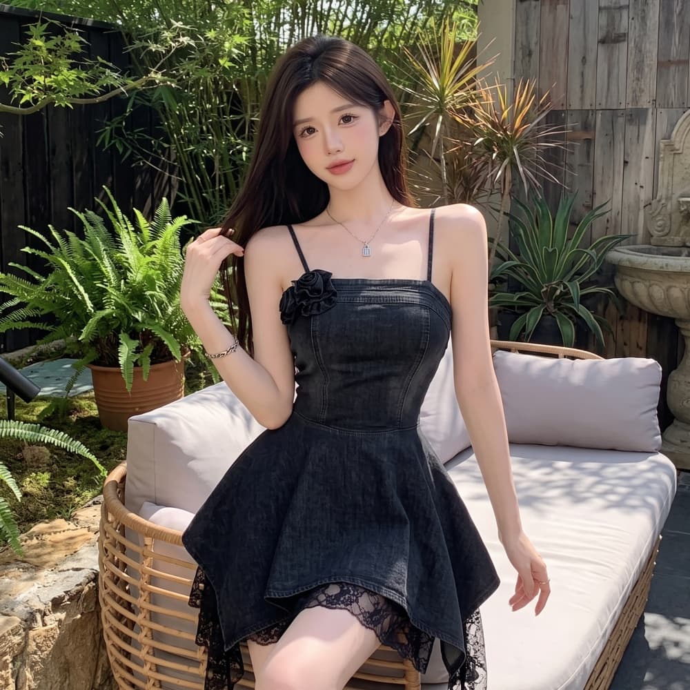 실사 정가 순수한 욕망 마 오래된 데님 슬립 드레스 불규칙 레이스 조각 허리 수축 슬림해 보이는 한 마디 미니 스커트 상세 이미지 18