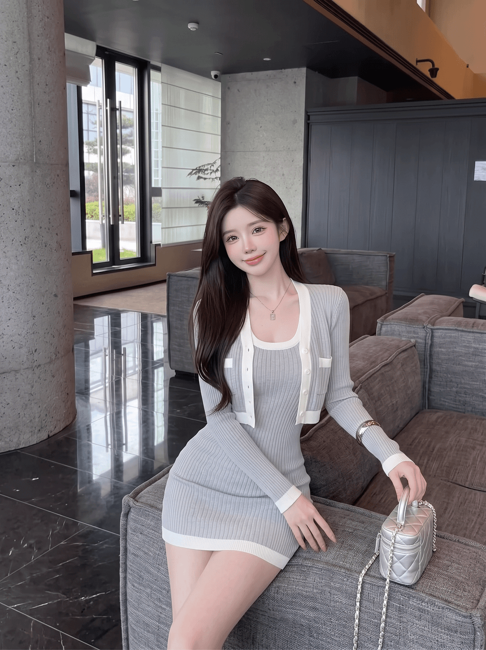 실사 정가 배색 타이트 스커트 조끼 원피스 오픈 가디건 니트 스웨터 투피스 세트 상세 이미지 13