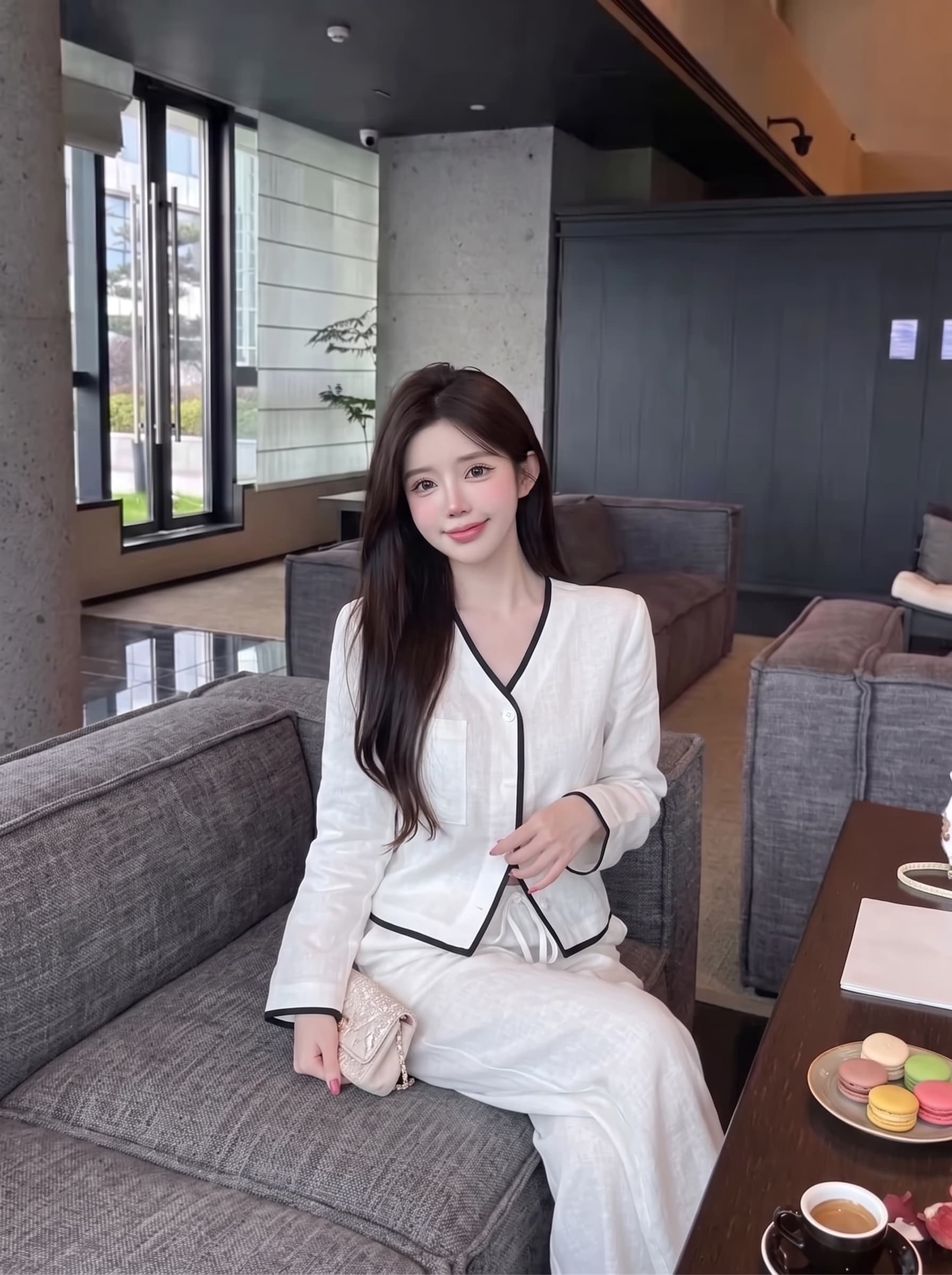 실사 정가 캐주얼 배색 측면 길이 소매 셔츠 오픈 가디건 펌프 로프 긴 바지 투피스 세트 상세 이미지 1