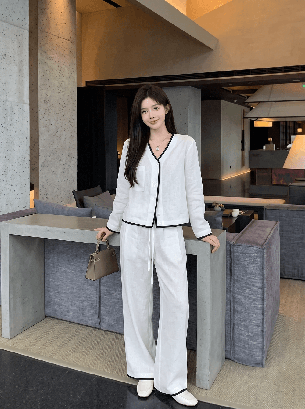 실사 정가 캐주얼 배색 측면 길이 소매 셔츠 오픈 가디건 펌프 로프 긴 바지 투피스 세트 상세 이미지 8