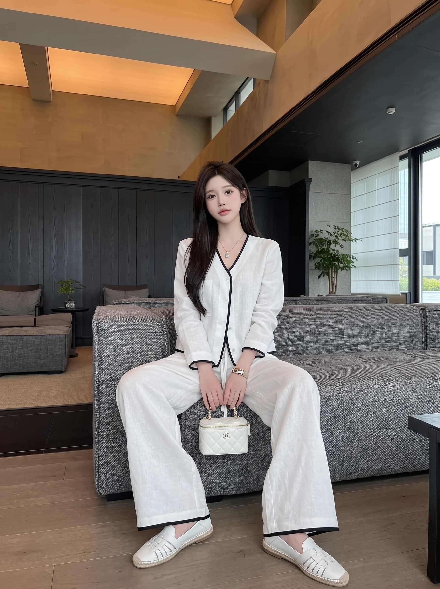 실사 정가 캐주얼 배색 측면 길이 소매 셔츠 오픈 가디건 펌프 로프 긴 바지 투피스 세트 상세 이미지 10