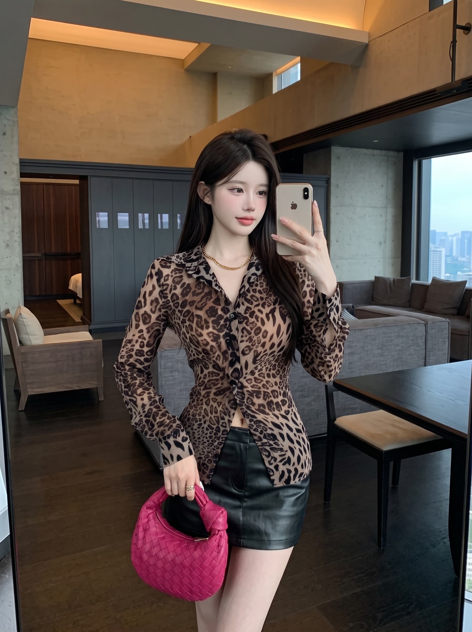 실사 정가 레트로 레오파드 무늬 마이크로 ~을 통해 쉬폰 셔츠 얇은 스타일 긴팔 맨위 이미지 2