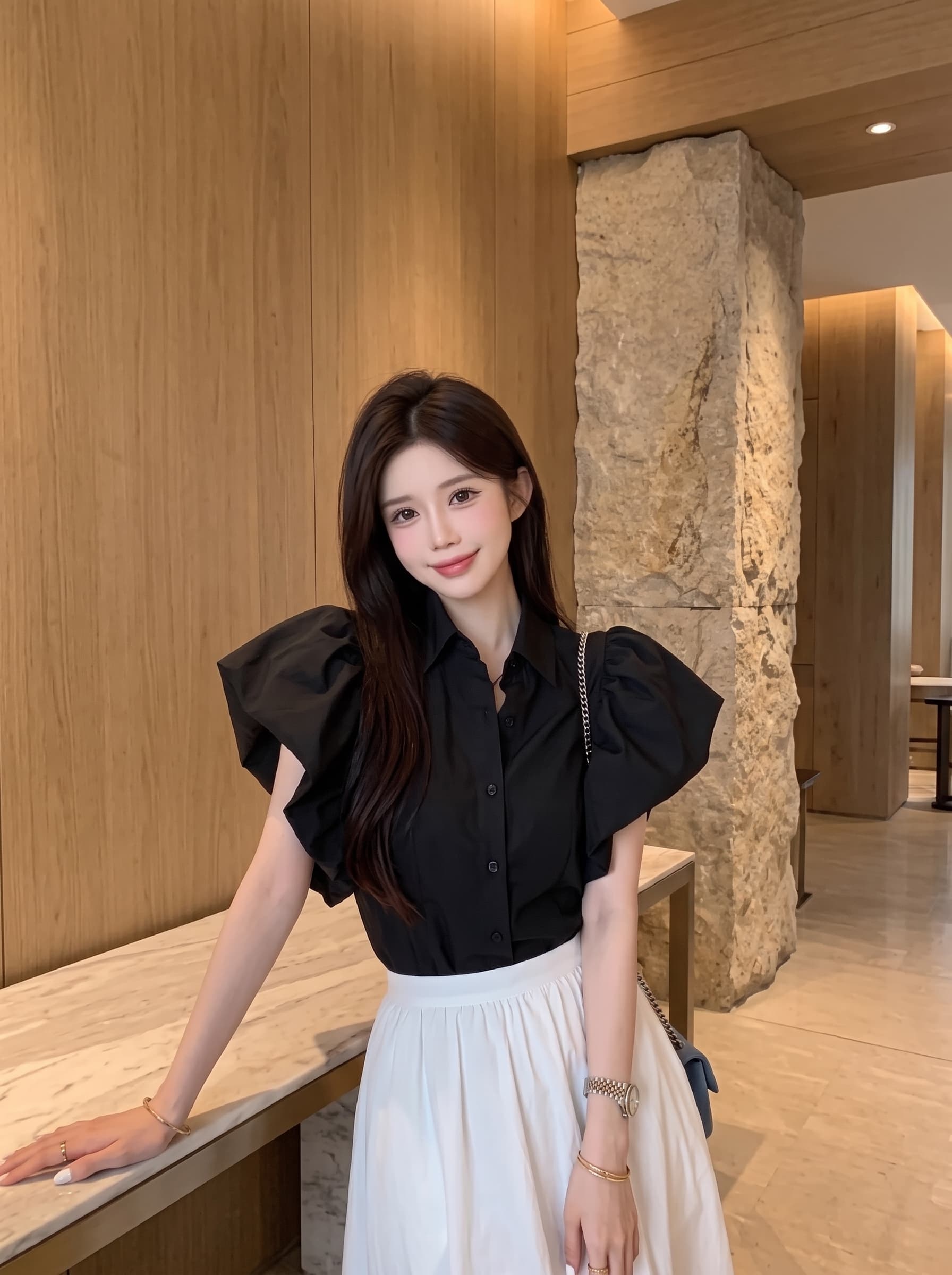 실사 정가 품격 폴로 칼라 싱글 줄 버튼 디자인 센스 궁정 바람 거품 소매 셔츠 맨위 이미지 3