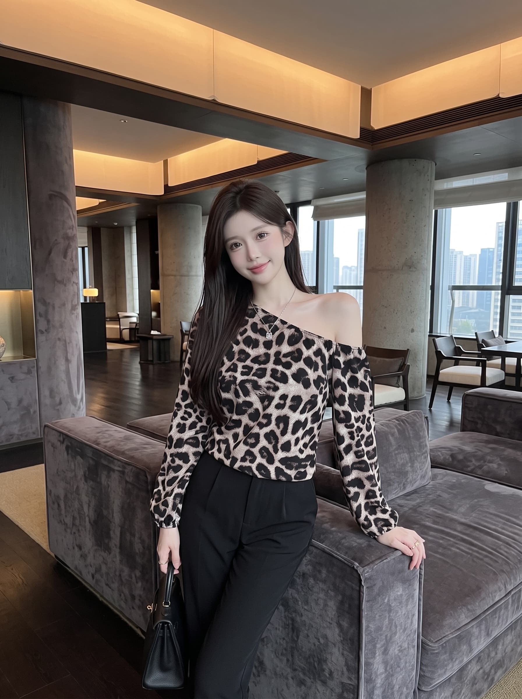 실사 정가 디자인 센스 비스듬한 어깨 루즈핏 레오파드 무늬 긴팔 맨위 이미지 2