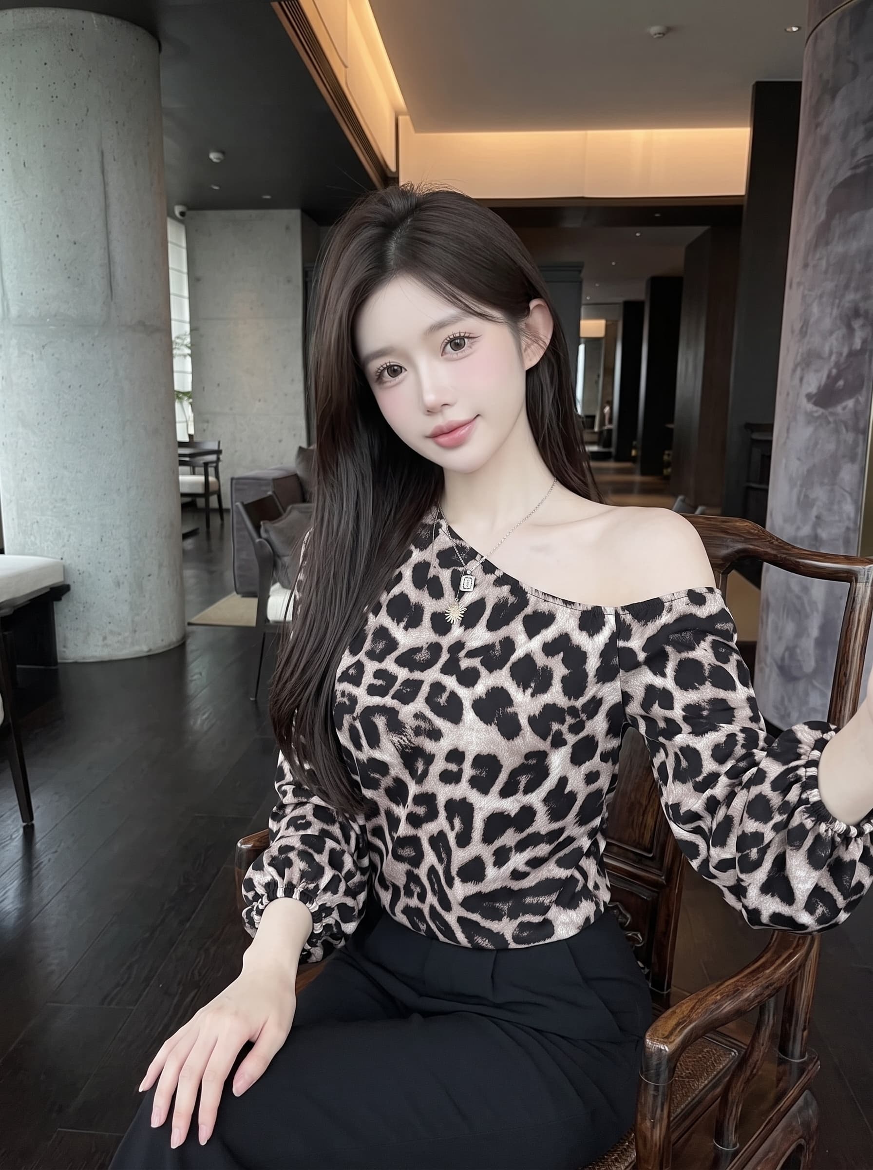 실사 정가 디자인 센스 비스듬한 어깨 루즈핏 레오파드 무늬 긴팔 맨위 상세 이미지 2