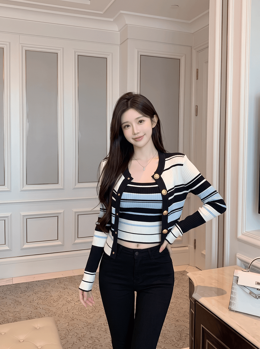 실사 정가 작은 샤넬 스타일 스트라이프 긴팔 니트 오픈 가디건 캐미솔 투피스 세트 상세 이미지 1
