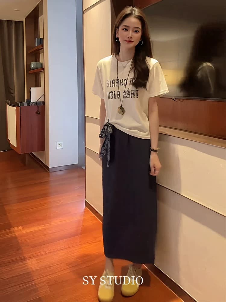 전체 집합 ootd 착용 가져 가라. 세트 한 부서 알파벳 프린트 경기 스카프 반팔 티셔츠 중간 길이 반 스커트 투피스 세트