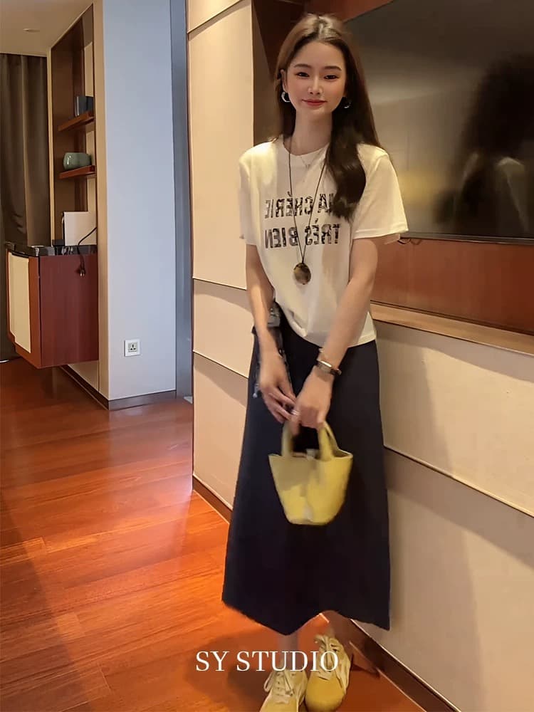 전체 집합 ootd 착용 가져 가라. 세트 한 부서 알파벳 프린트 경기 스카프 반팔 티셔츠 중간 길이 반 스커트 투피스 세트 이미지 4