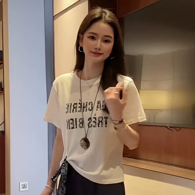 전체 집합 ootd 착용 가져 가라. 세트 한 부서 알파벳 프린트 경기 스카프 반팔 티셔츠 중간 길이 반 스커트 투피스 세트 이미지 2