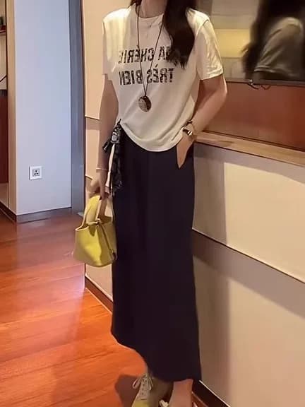 전체 집합 ootd 착용 가져 가라. 세트 한 부서 알파벳 프린트 경기 스카프 반팔 티셔츠 중간 길이 반 스커트 투피스 세트 상세 이미지 6