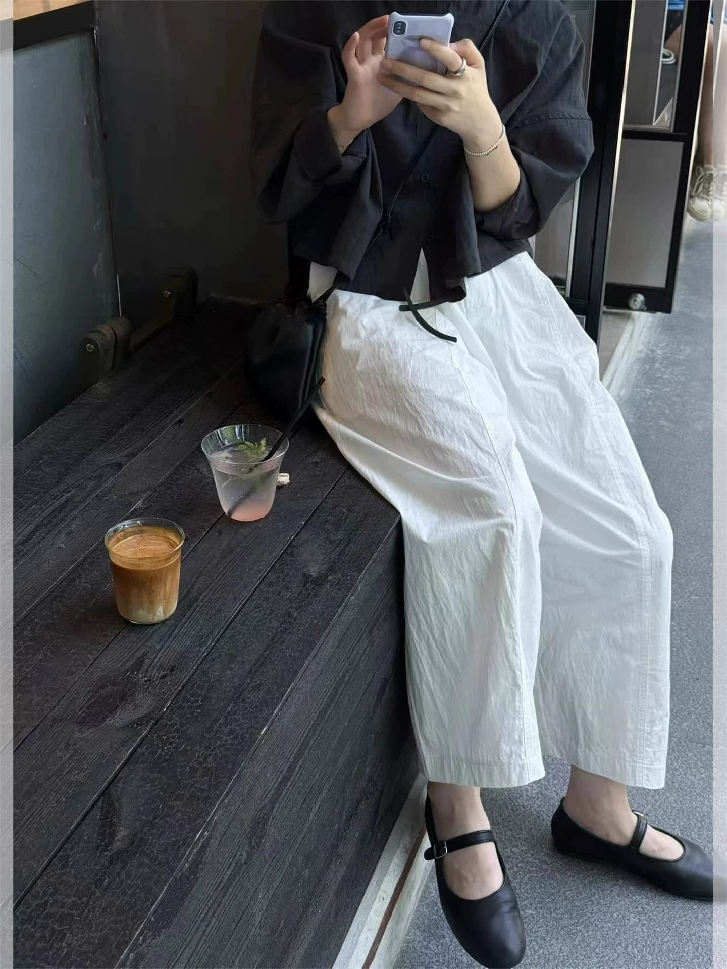 자이언트 잘 생긴 ~ 중 가을 의상 전체 집합 쇼트 스타일 검정색 긴팔 셔츠 루즈핏 화이트 와이드 레그 팬츠 9부 바지 투피스 세트 이미지 4