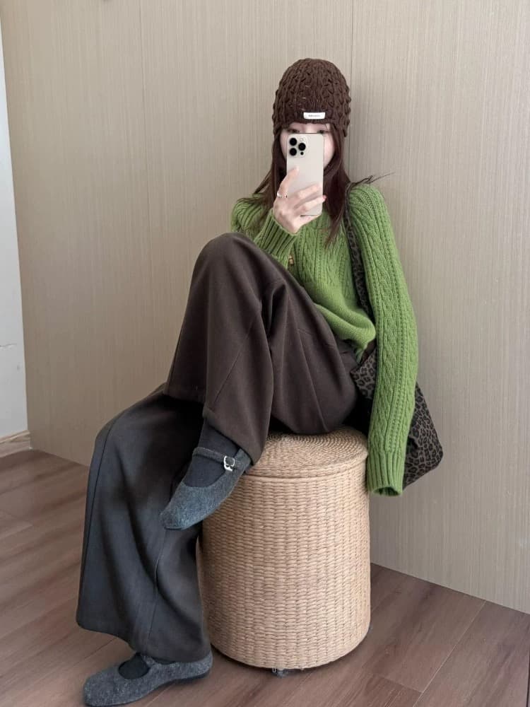 품격 전체 집합 ootd 착용 가져 가라. 작은 키 느긋한 바람 소금 부서 연령 감소 녹색 꽈배기 스웨터 와이드 레그 팬츠 세트 이미지 2