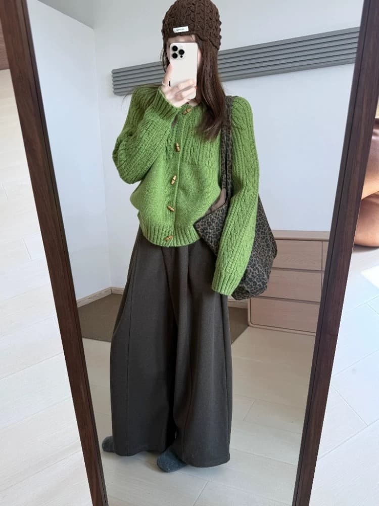 품격 전체 집합 ootd 착용 가져 가라. 작은 키 느긋한 바람 소금 부서 연령 감소 녹색 꽈배기 스웨터 와이드 레그 팬츠 세트 상세 이미지 3