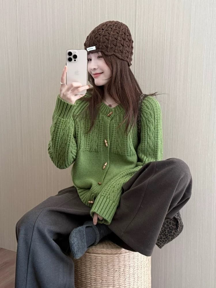 품격 전체 집합 ootd 착용 가져 가라. 작은 키 느긋한 바람 소금 부서 연령 감소 녹색 꽈배기 스웨터 와이드 레그 팬츠 세트 상세 이미지 5