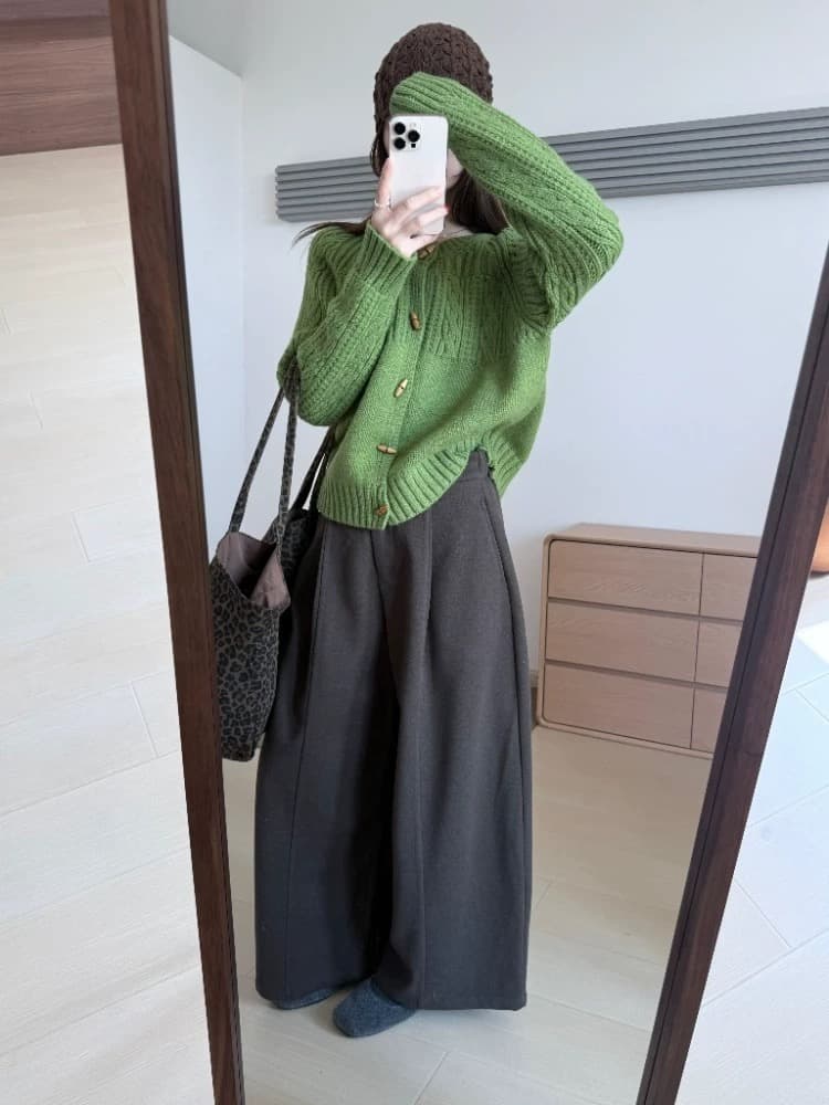 품격 전체 집합 ootd 착용 가져 가라. 작은 키 느긋한 바람 소금 부서 연령 감소 녹색 꽈배기 스웨터 와이드 레그 팬츠 세트 상세 이미지 6