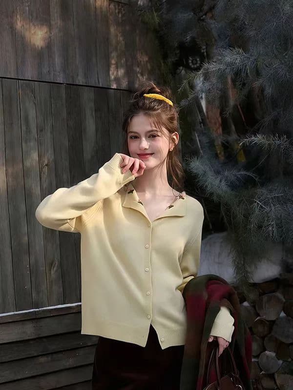 2026 봄 새로운 꽃 폴로 칼라 니트 스웨터 털 셔츠 미니멀리즘 긴팔 카디건 코트 상세 이미지 1