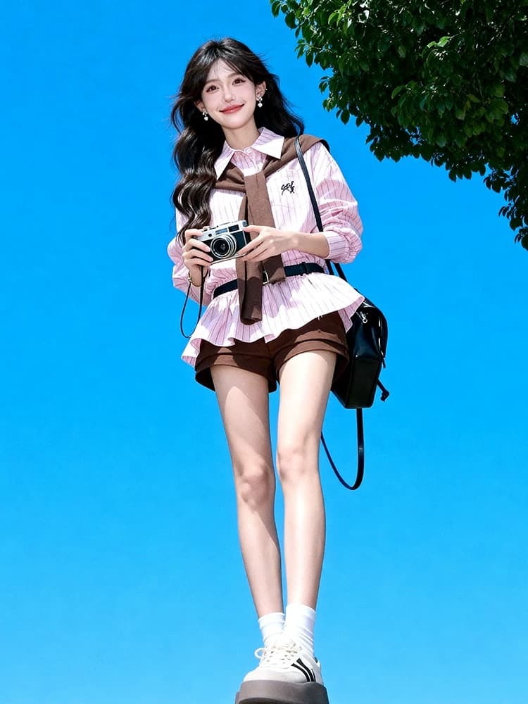 이른 가을 빛 사람들 코치 착용 가져 가라. ootd 전체 집합 여성 의류 고유 한 아름다운 아름다운 핑크색 셔츠 반바지 투피스 세트 이미지 4