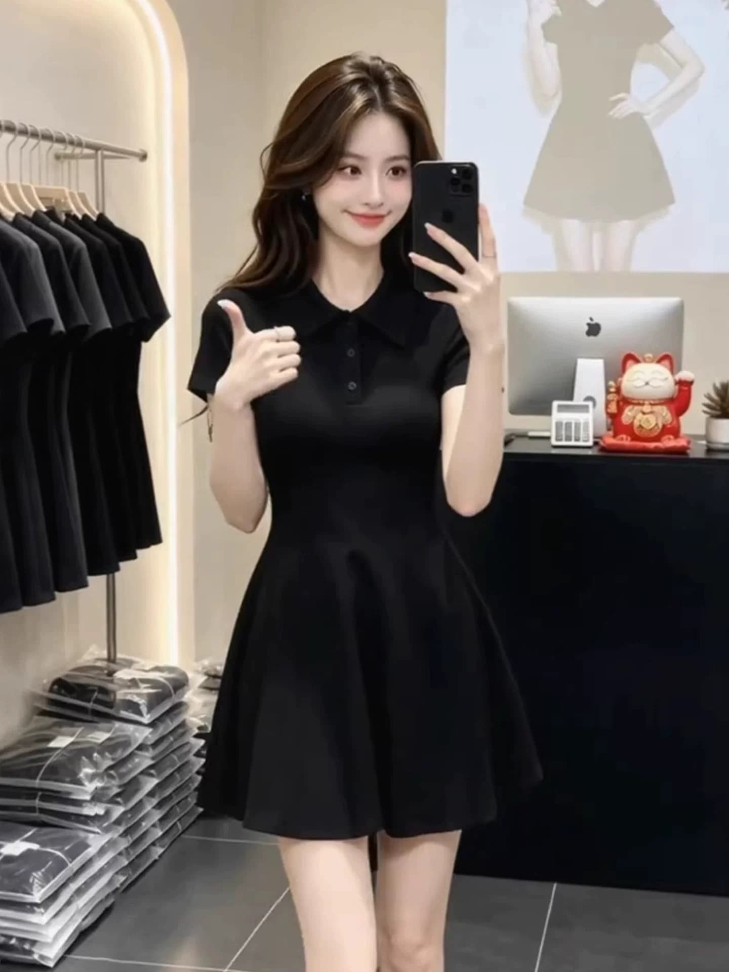 프랑스식 사소한 착용 가져 가라. 검정색 POLO 칼라 여성 드레스 여름 품격 허리 수축 슬림해 보이는 한 마디 니트 짧은 치마 이미지 3