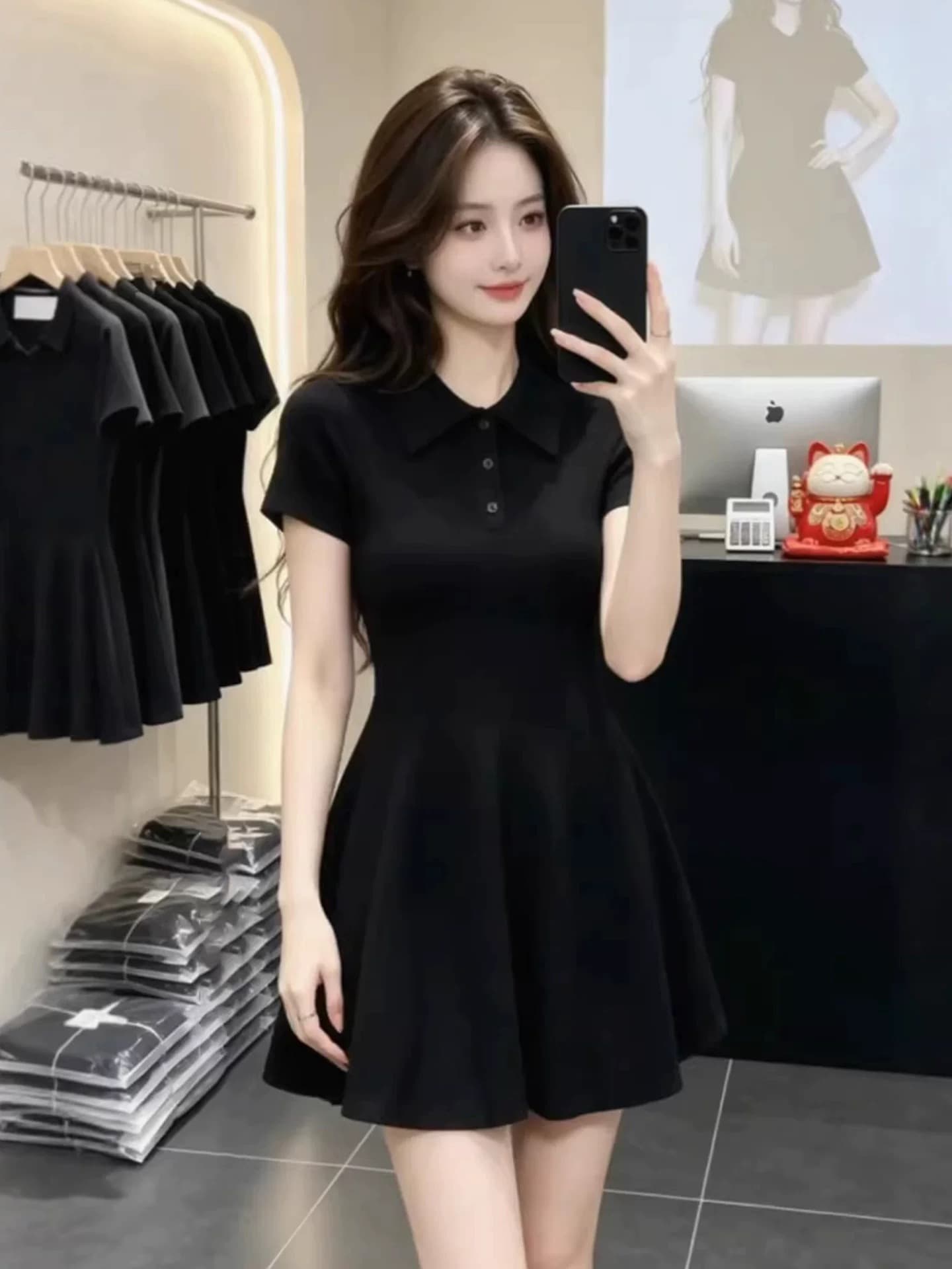 프랑스식 사소한 착용 가져 가라. 검정색 POLO 칼라 여성 드레스 여름 품격 허리 수축 슬림해 보이는 한 마디 니트 짧은 치마 상세 이미지 1